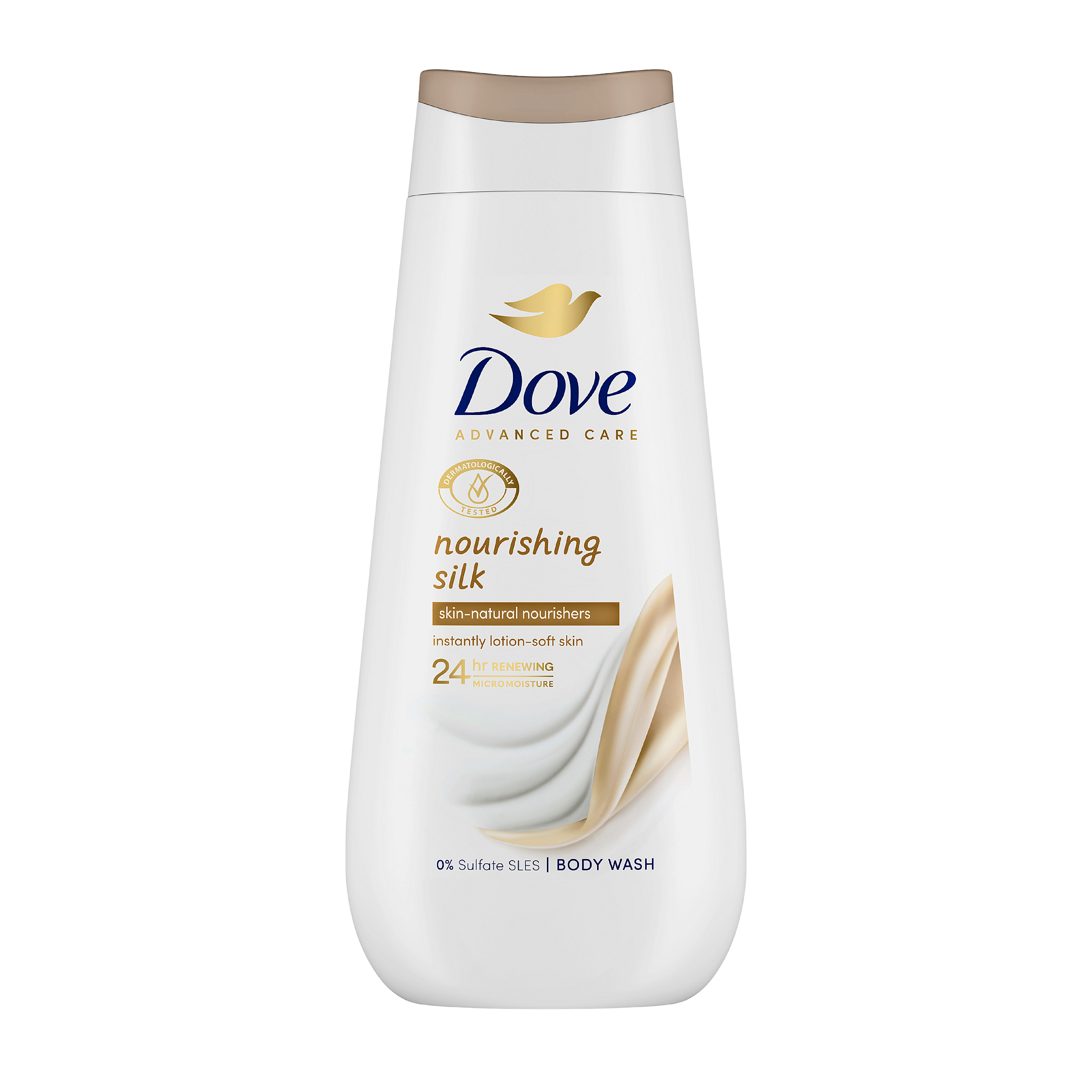 Dove Advanced Care Nourishing Silk body wash bottle.