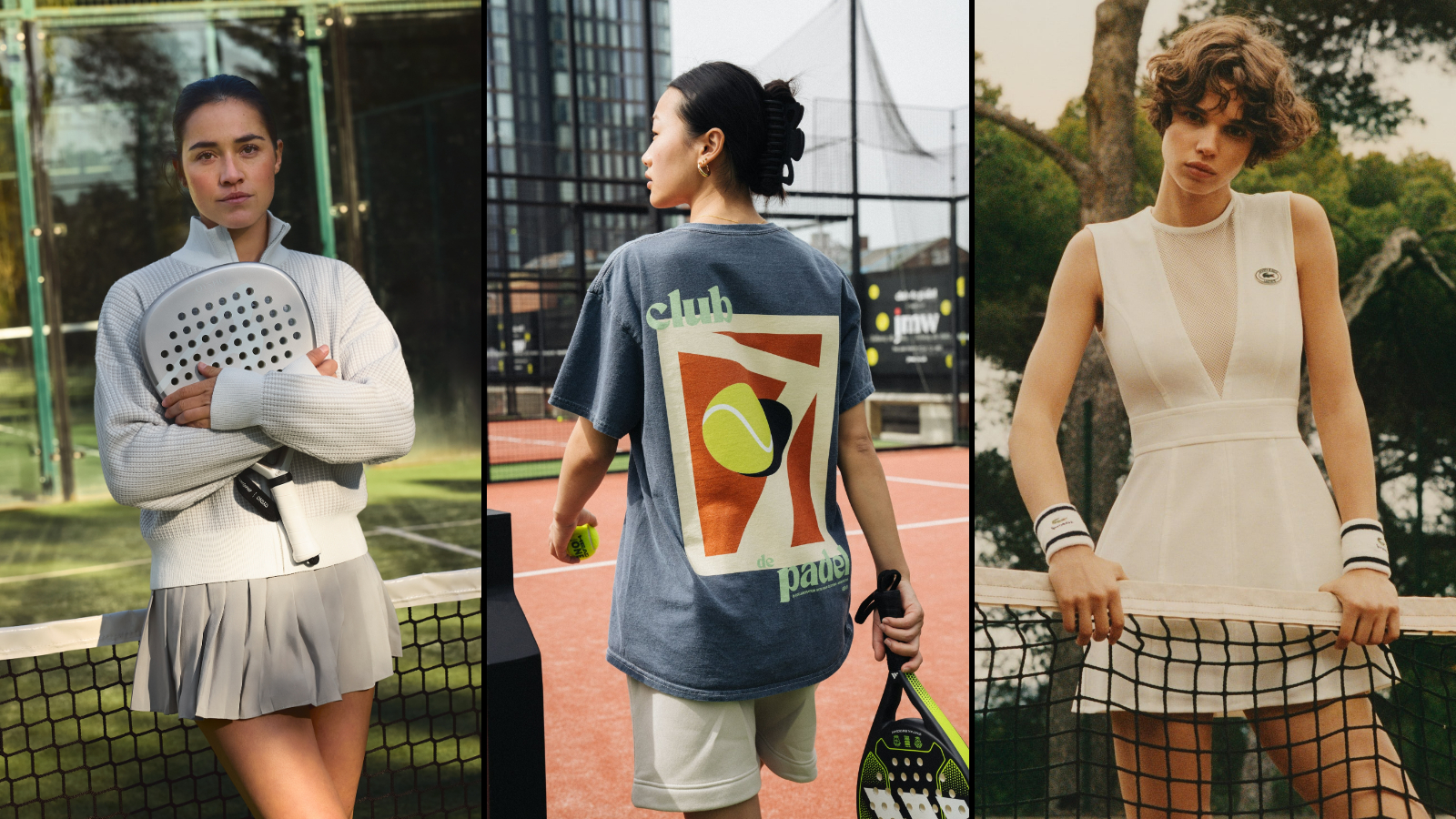 Collage of three women in tennis attire holding paddle rackets.