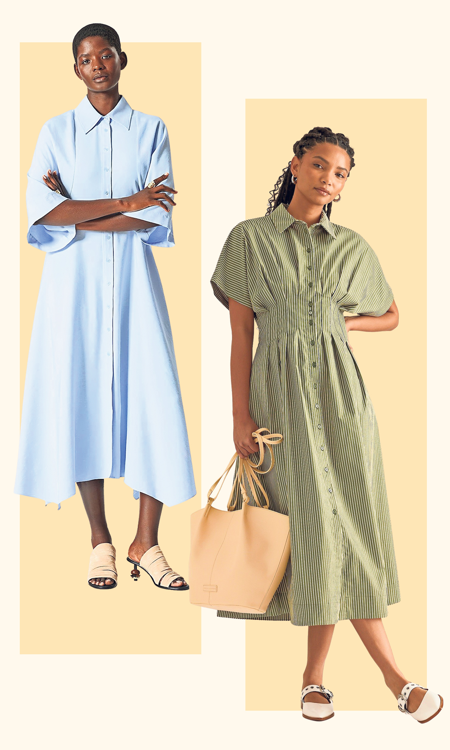 Two women modeling shirt dresses.