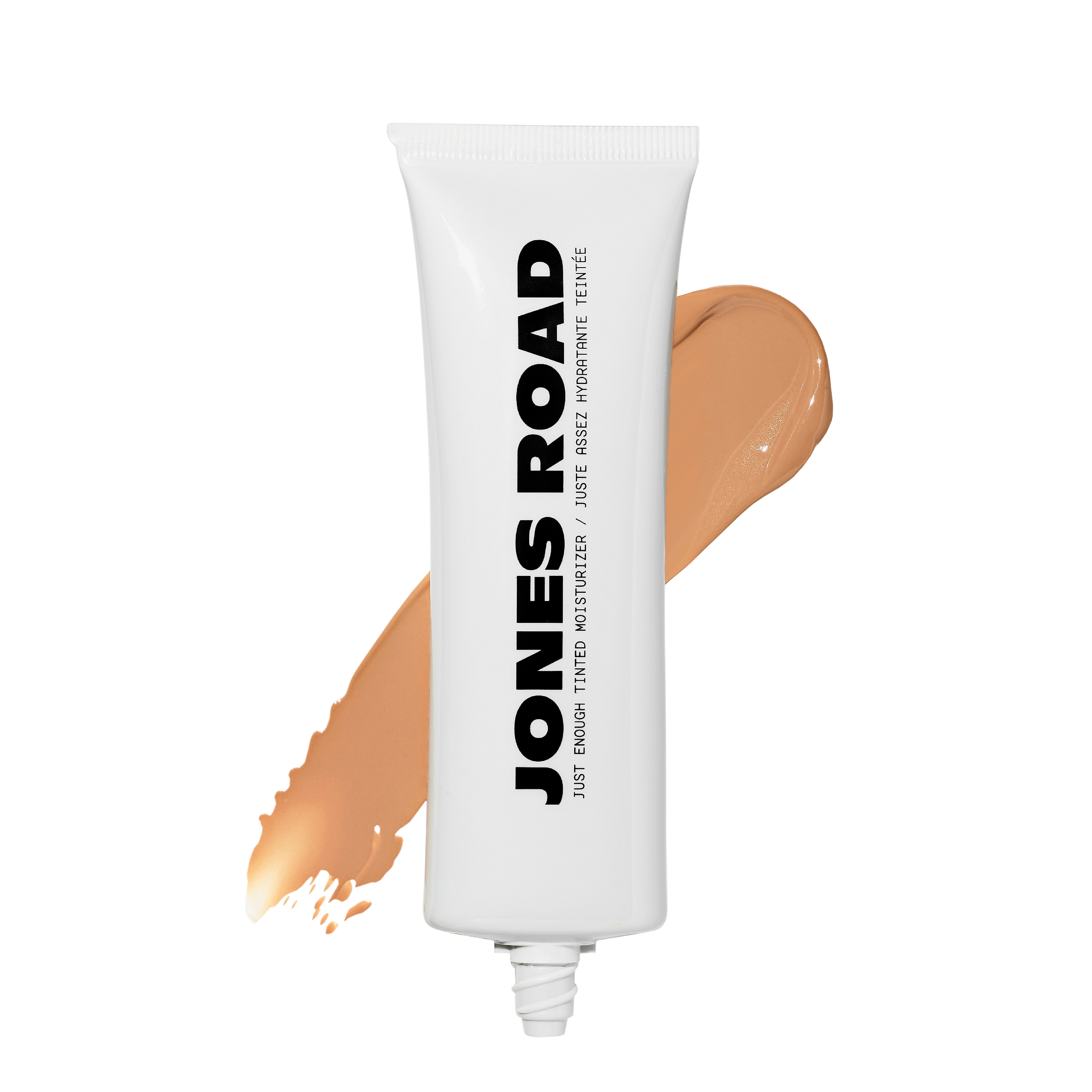Jones Road tinted moisturizer tube with product swatch.
